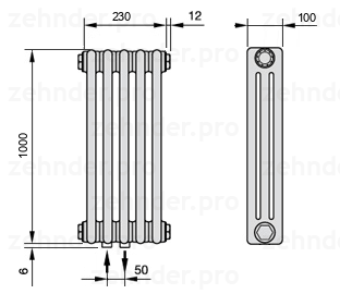 Схема (чертеж) Радиатор Zehnder Charleston 3100/5 №3470 Белый глянцевый RAL 9016